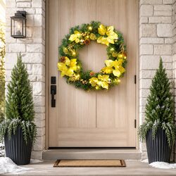 Christmas Wreath 60cm LED Lights Green Gold PVC Baubles Holiday Door Wall