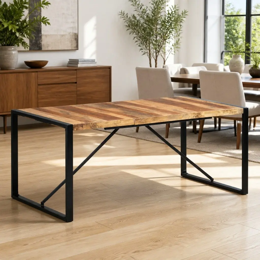 Dining Table Solid Acacia Wood Rubberwood Steel Legs 180x90x75 cm Brown Industrial