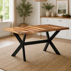 Industrial Solid Wood Dining Table 160x80x75 cm Steel Legs Cross Frame Kitchen