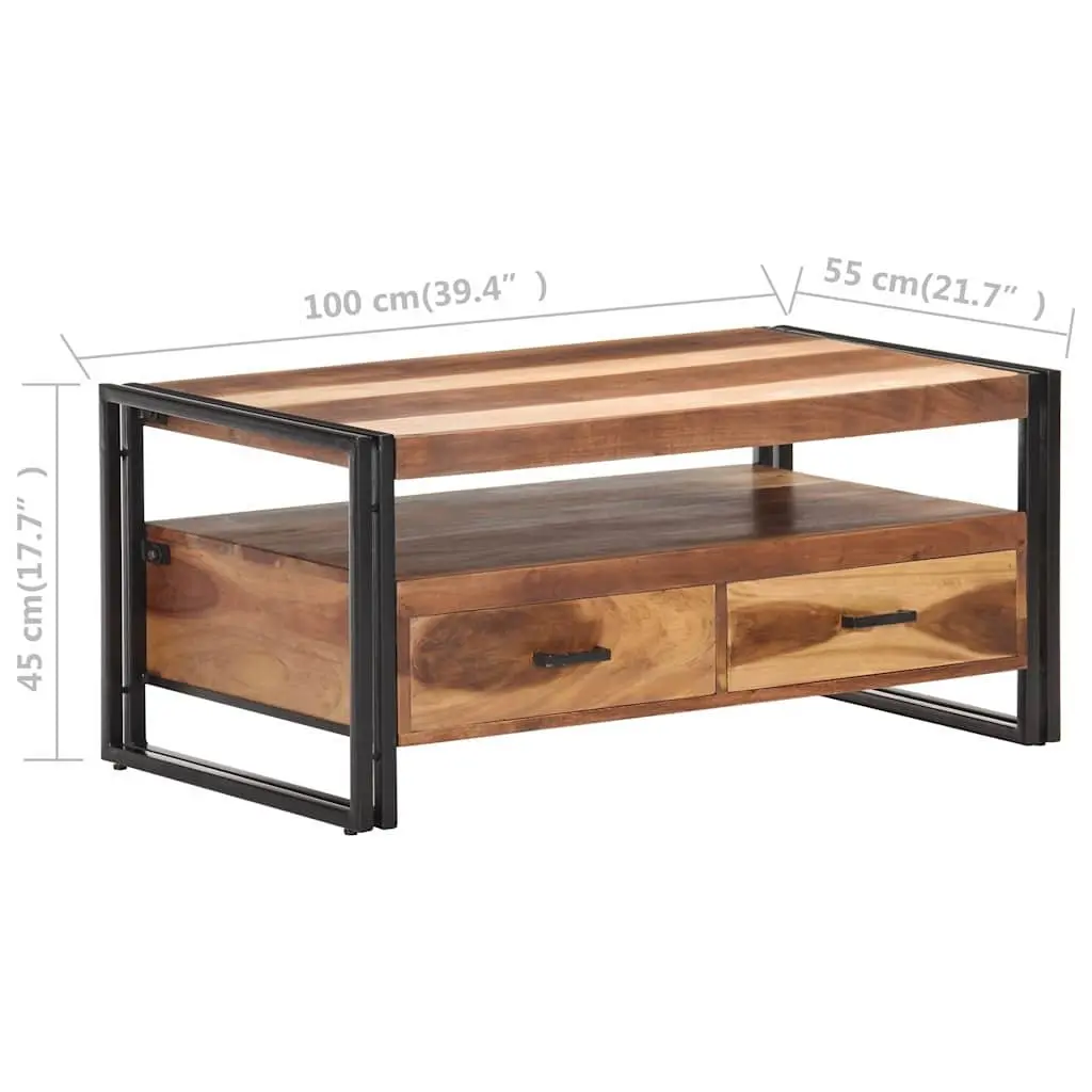 Coffee Table Solid Acacia Wood 100x55x45cm Brown with Storage Drawers and Shelf