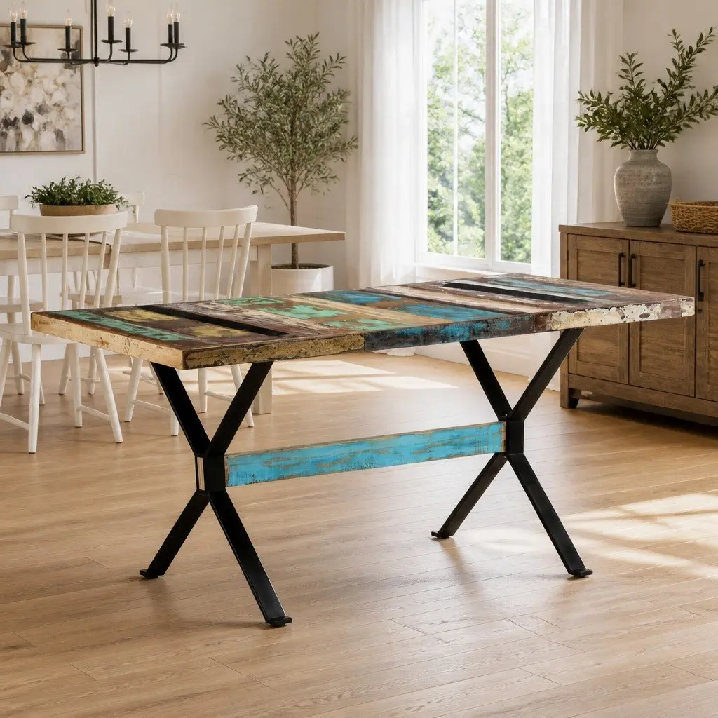 Dining Table Solid Reclaimed Wood 160x80x76 cm Multicolour Industrial Kitchen Furniture