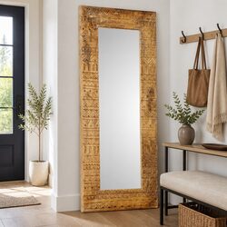 Hand-Carved Wooden Mirror 110x50cm Brown Solid Wood Wall Decor Home Accent