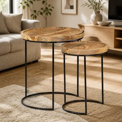 2 Piece Coffee Table Set Solid Mango Wood Steel Frame Living Room Furniture