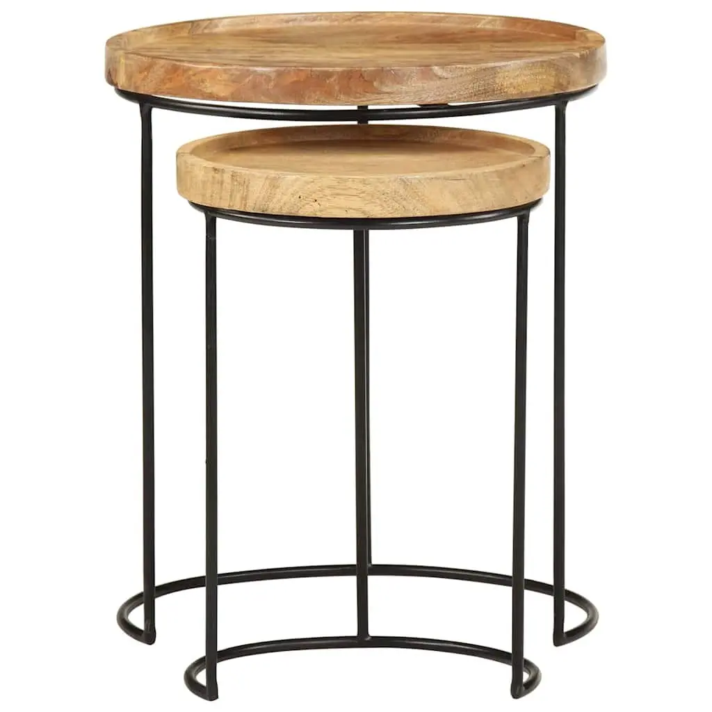 2 Piece Coffee Table Set Solid Mango Wood Steel Frame Living Room Furniture