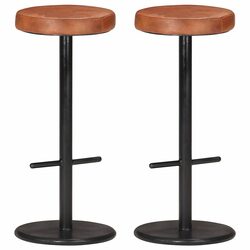 Bar Stools 2 pcs Brown Real Leather Seats Footrest Kitchen Dining Room Furniture