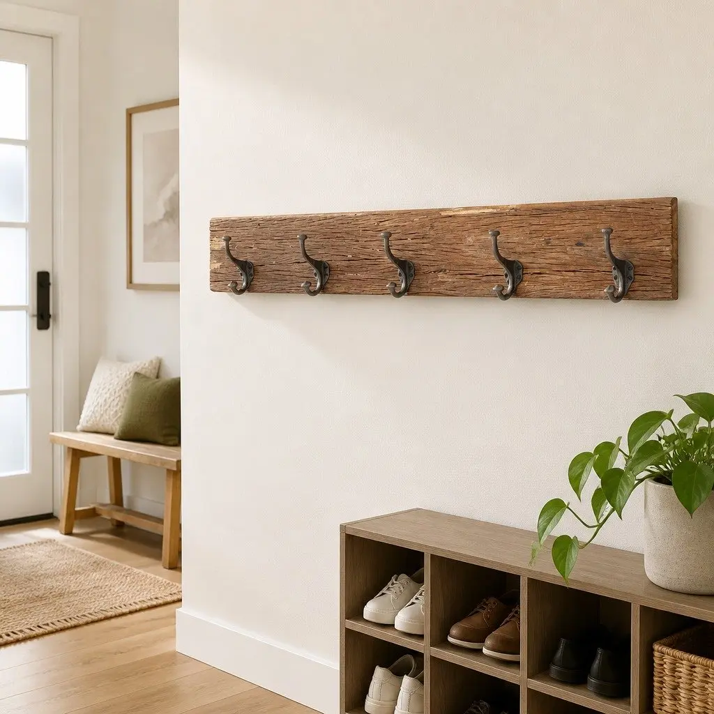 Hall Hanger Solid Reclaimed Wood 5 Hooks Brown Coat Rack Home Decor
