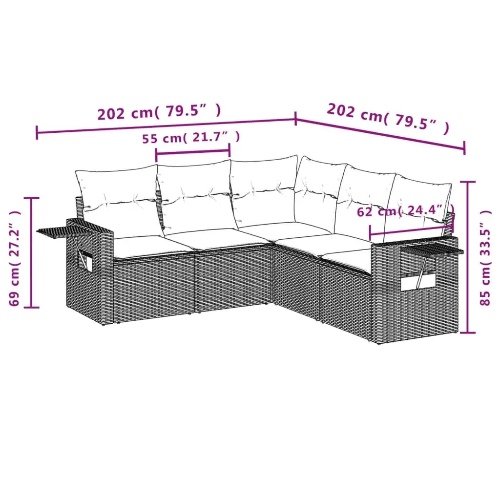 5 Piece Garden Sofa Set Grey Poly Rattan Outdoor Furniture with Cushions Patio
