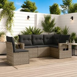 5 Piece Garden Sofa Set Grey Poly Rattan Outdoor Furniture Patio with Cushions