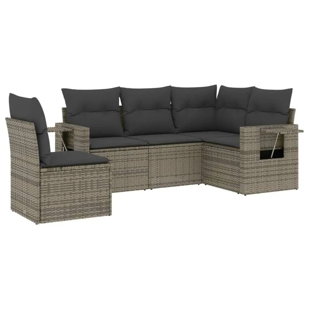 5 Piece Garden Sofa Set Grey Poly Rattan Outdoor Furniture Patio with Cushions