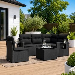 Garden Sofa Set 6 Piece Outdoor Furniture Black Poly Rattan Modular Patio