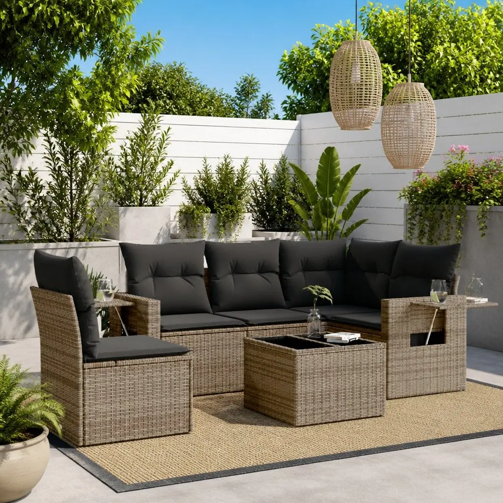 Garden Sofa Set 6 Piece Outdoor Furniture Grey PE Rattan with Cushions Tempered Glass
