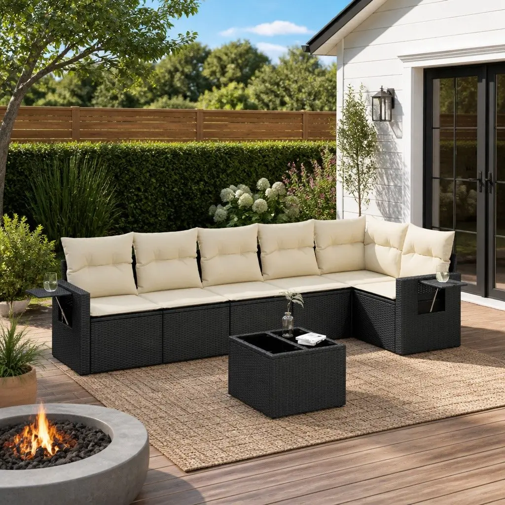 7 Piece Garden Sofa Set Outdoor Furniture Black Poly Rattan Patio with Cushions