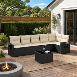 7 Piece Garden Sofa Set Outdoor Furniture Black Poly Rattan Patio with Cushions