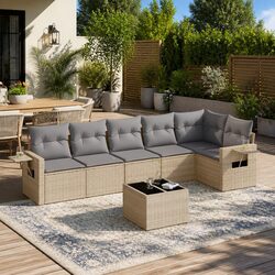 7 Piece Garden Sofa Set with Cushions Outdoor Patio Furniture Beige Poly Rattan