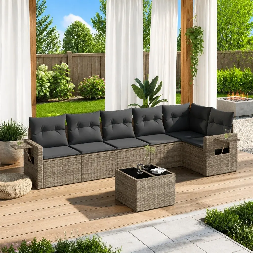 7 Piece Outdoor Garden Sofa Set Grey Poly Rattan Patio Furniture with Cushions