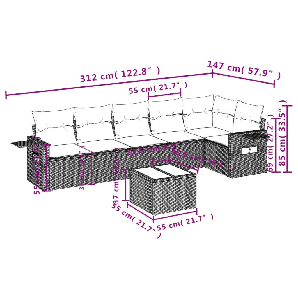 7 Piece Outdoor Garden Sofa Set Grey Poly Rattan Patio Furniture with Cushions