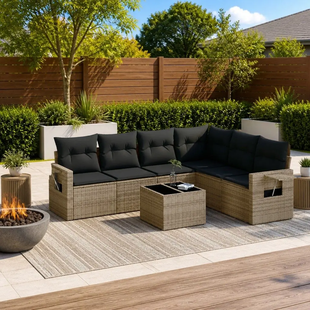 7 Piece Garden Sofa Set with Cushions Outdoor Furniture Patio Grey Poly Rattan