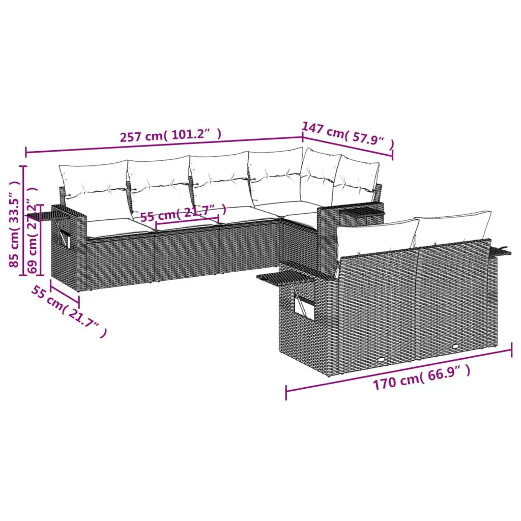 7 Piece Outdoor Garden Sofa Set Black Poly Rattan Patio Furniture with Cushions