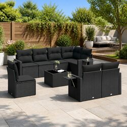 9 Piece Outdoor Garden Sofa Set Black Poly Rattan Patio Furniture with Cushions