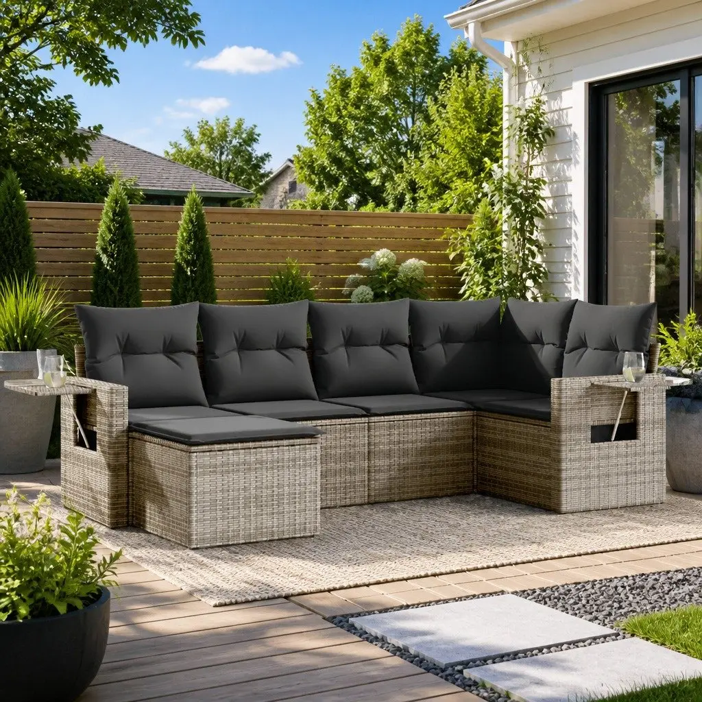 Outdoor Garden Sofa Set Modular 6 Piece Grey Poly Rattan Patio Furniture