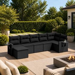 Garden Sofa Set 7 Piece Outdoor Furniture Patio Black Poly Rattan with Cushions
