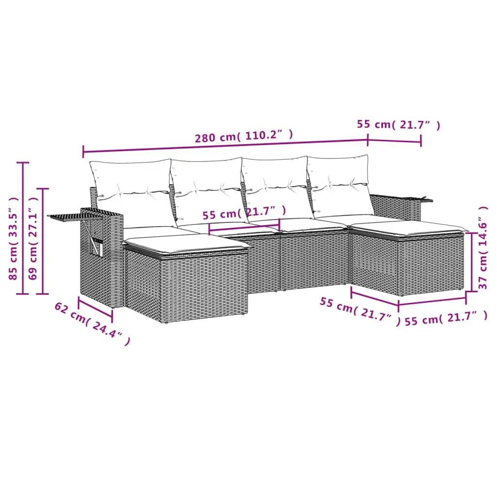 6 Piece Garden Sofa Set Grey Poly Rattan Outdoor Furniture Patio Seating with