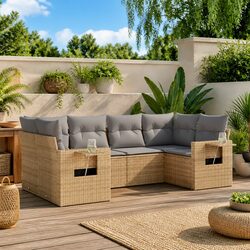 Garden Sofa Set 6 Piece Outdoor Furniture Beige Poly Rattan Modular Patio Lounge
