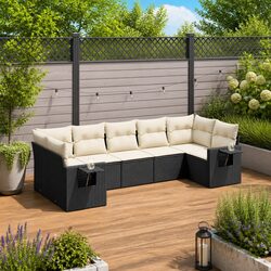Outdoor Garden Sofa Set 7 Piece Black Poly Rattan Patio Furniture with Cushions