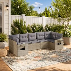 7 Piece Garden Sofa Set with Cushions Beige Poly Rattan Outdoor Furniture Patio