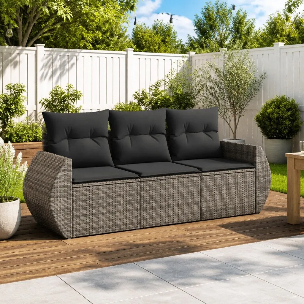 3 Piece Outdoor Garden Sofa Set with Cushions Grey Poly Rattan Patio Furniture