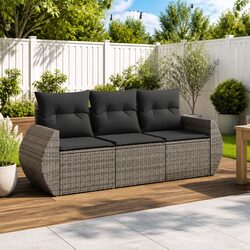 3 Piece Outdoor Garden Sofa Set with Cushions Grey Poly Rattan Patio Furniture