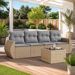 Outdoor Garden Sofa Set 5 Piece Patio Furniture with Cushions Beige Rattan
