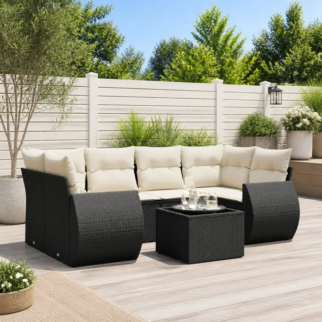 7 Piece Outdoor Garden Sofa Set with Cushions Black Poly Rattan Patio Furniture