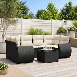 7 Piece Outdoor Garden Sofa Set with Cushions Black Poly Rattan Patio Furniture