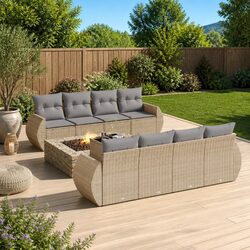 Outdoor Garden Sofa Set 9 Piece Beige Poly Rattan Patio Furniture with Cushions