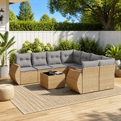 Outdoor Garden Sofa Set 9 Piece Beige Poly Rattan Patio Furniture with Cushions