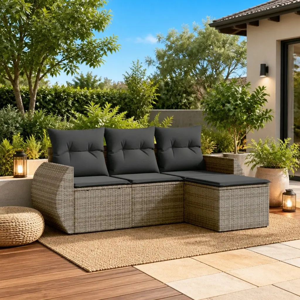 4-Piece Garden Sofa Set Outdoor Furniture with Cushions Grey Poly Rattan Patio