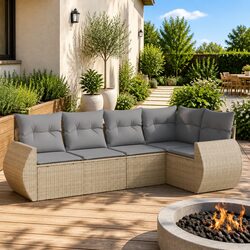 5 Piece Outdoor Garden Sofa Set with Cushions Beige Poly Rattan Patio Furniture