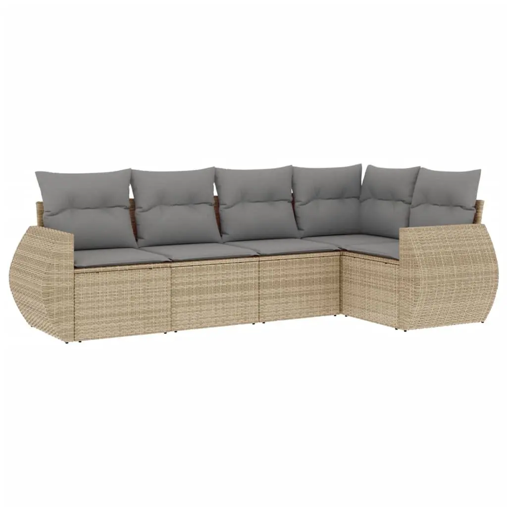 5 Piece Outdoor Garden Sofa Set with Cushions Beige Poly Rattan Patio Furniture
