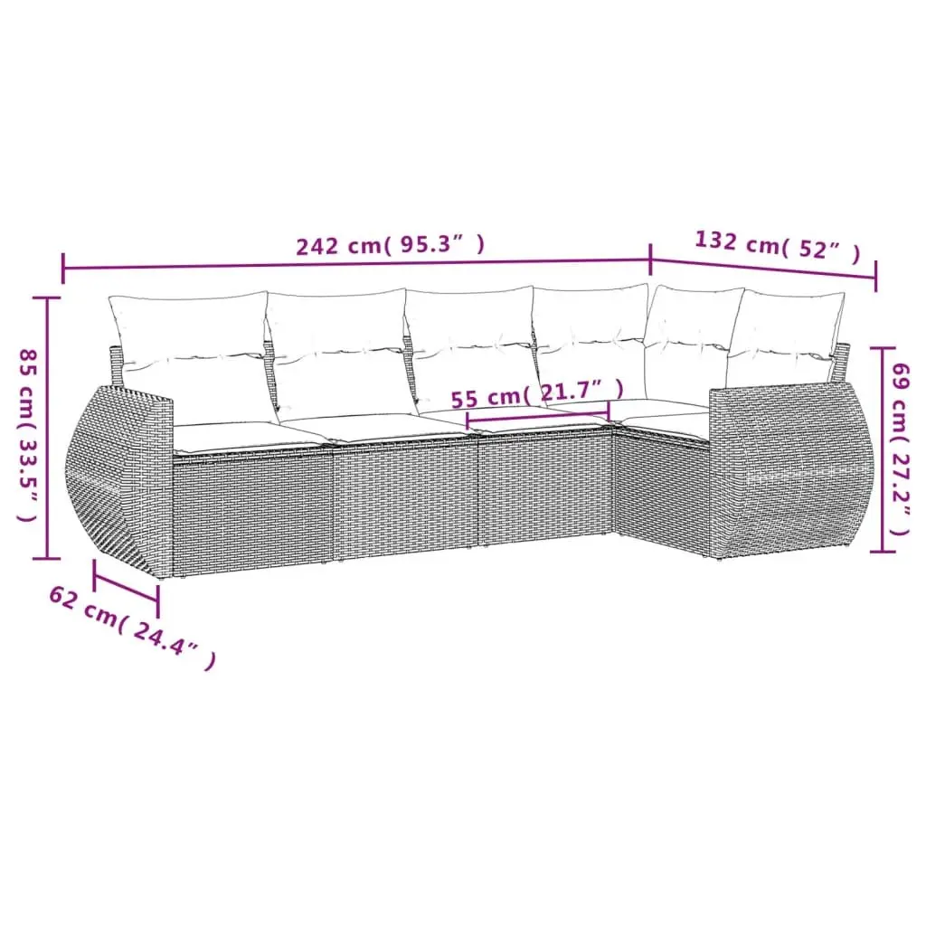 5 Piece Outdoor Garden Sofa Set with Cushions Beige Poly Rattan Patio Furniture