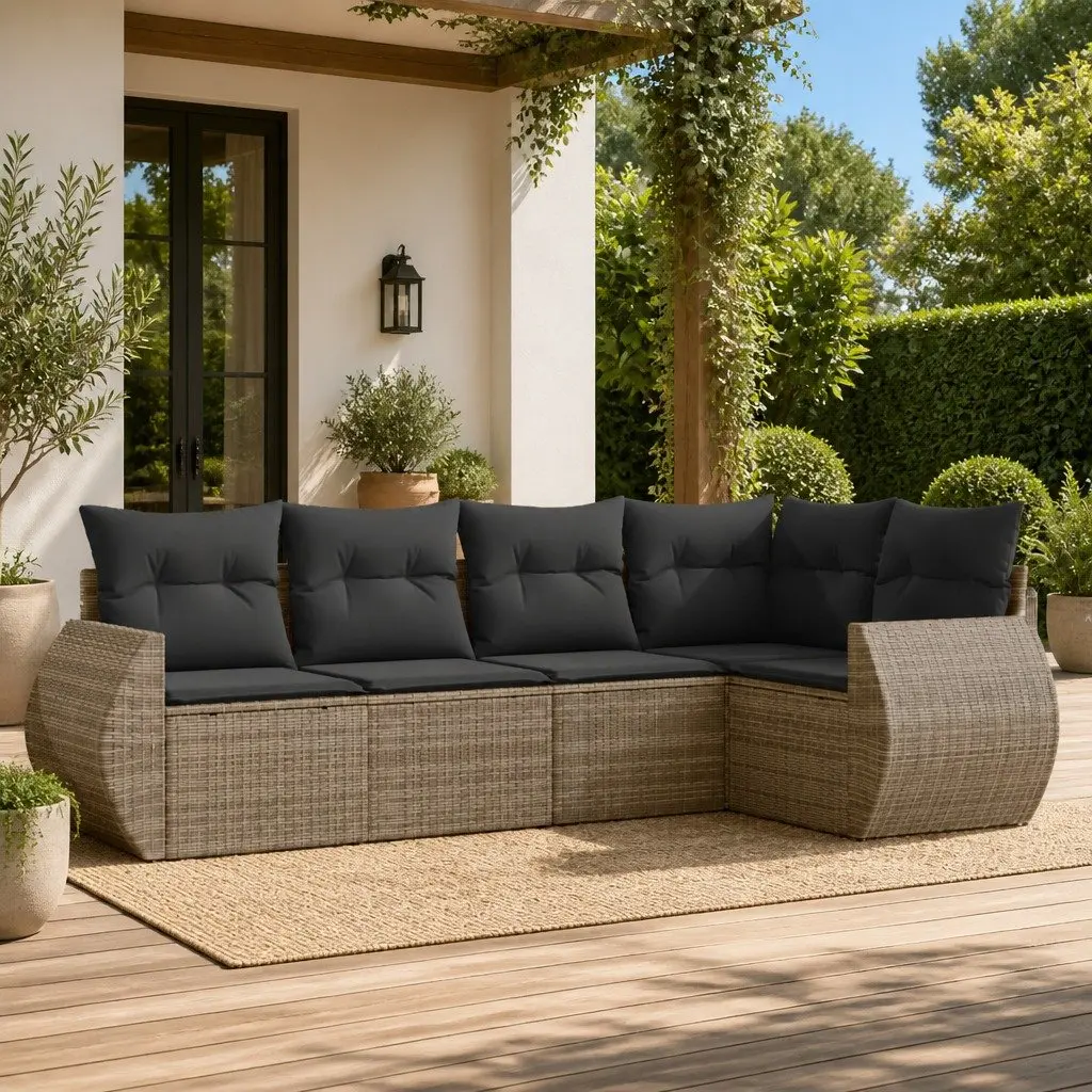 5 Piece Outdoor Garden Sofa Set with Cushions Grey Rattan Patio Furniture