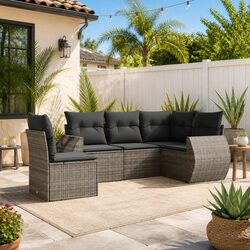 5 Piece Garden Sofa Set with Cushions Outdoor Patio Furniture Grey Poly Rattan