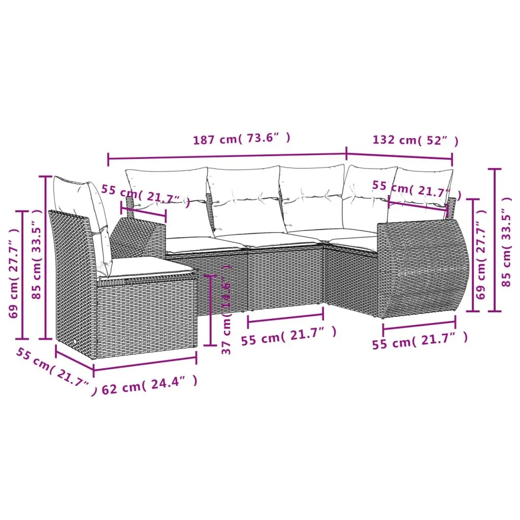 5 Piece Garden Sofa Set with Cushions Outdoor Patio Furniture Grey Poly Rattan