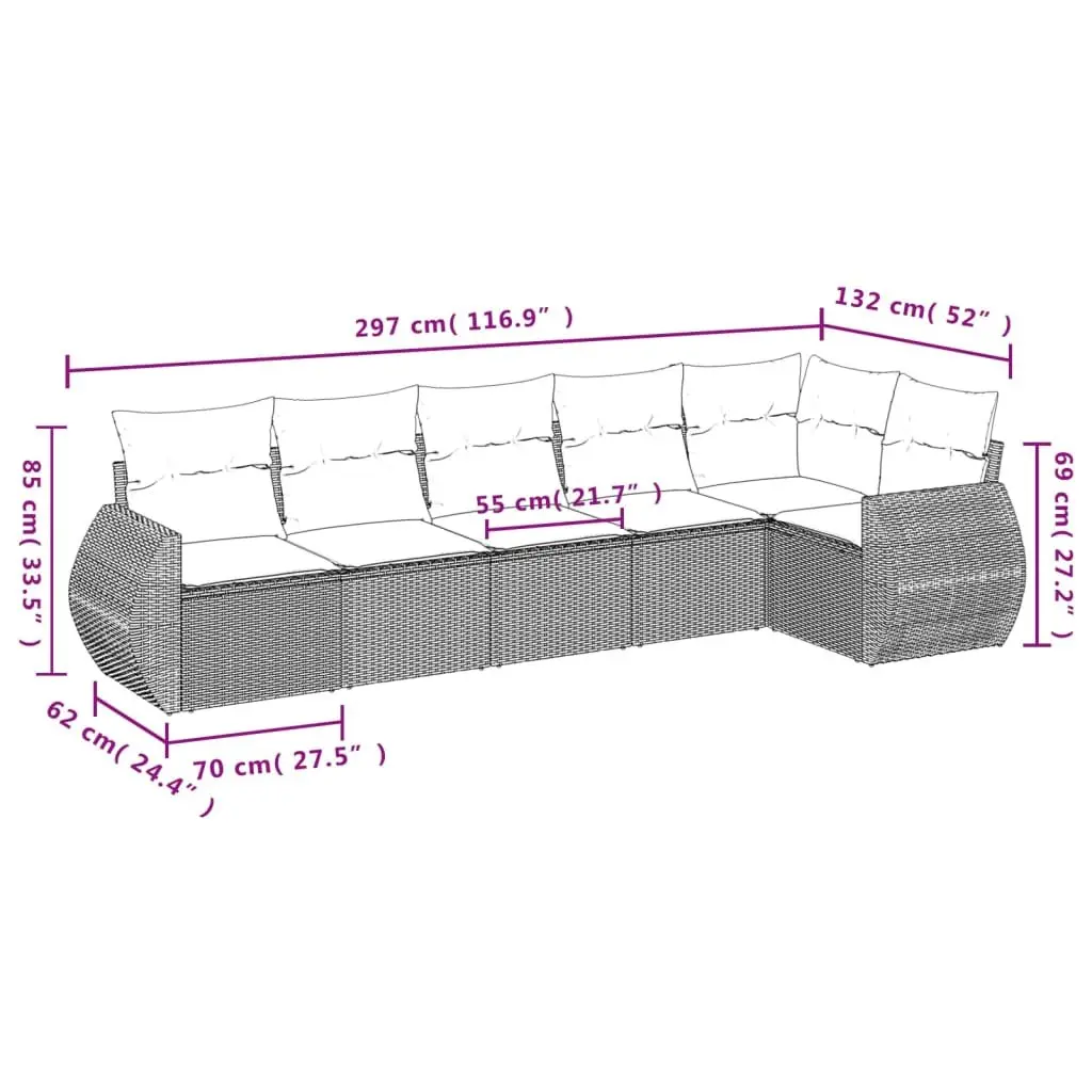6 Piece Outdoor Garden Sofa Set Grey Poly Rattan Patio Furniture with Cushions