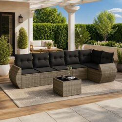 Garden Sofa Set 7 Piece Outdoor Furniture Grey Poly Rattan Patio with Cushions
