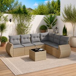 Outdoor Garden Sofa Set 7 Piece Patio Furniture with Cushions Beige Poly Rattan