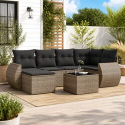 7 Piece Outdoor Sectional Sofa Set with Glass Table Grey Poly Rattan Garden