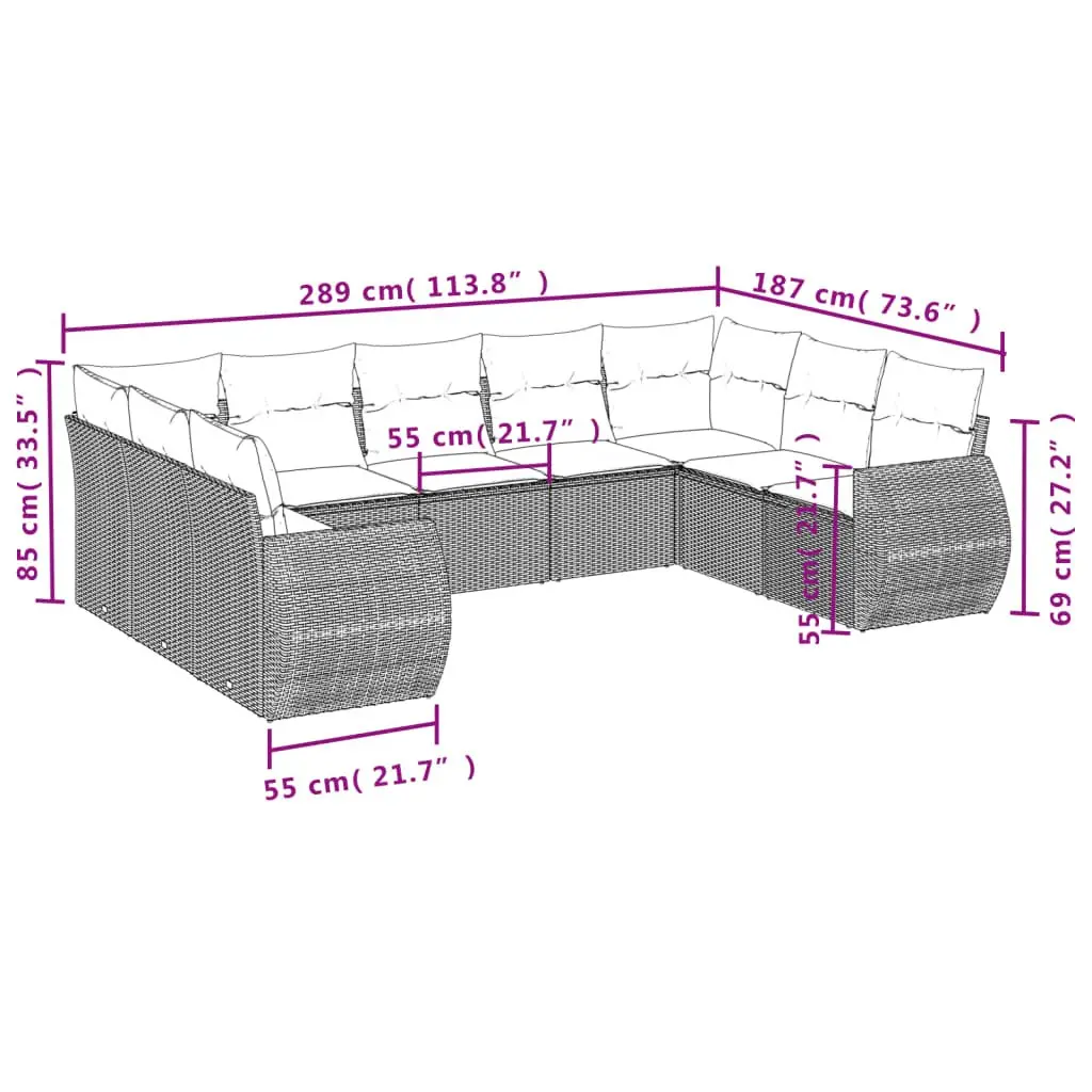 Outdoor Sectional Sofa Set 9 Piece Grey Poly Rattan with Cushions