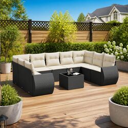 Outdoor Sectional Sofa Set 10 Piece Garden Furniture Black Poly Rattan with