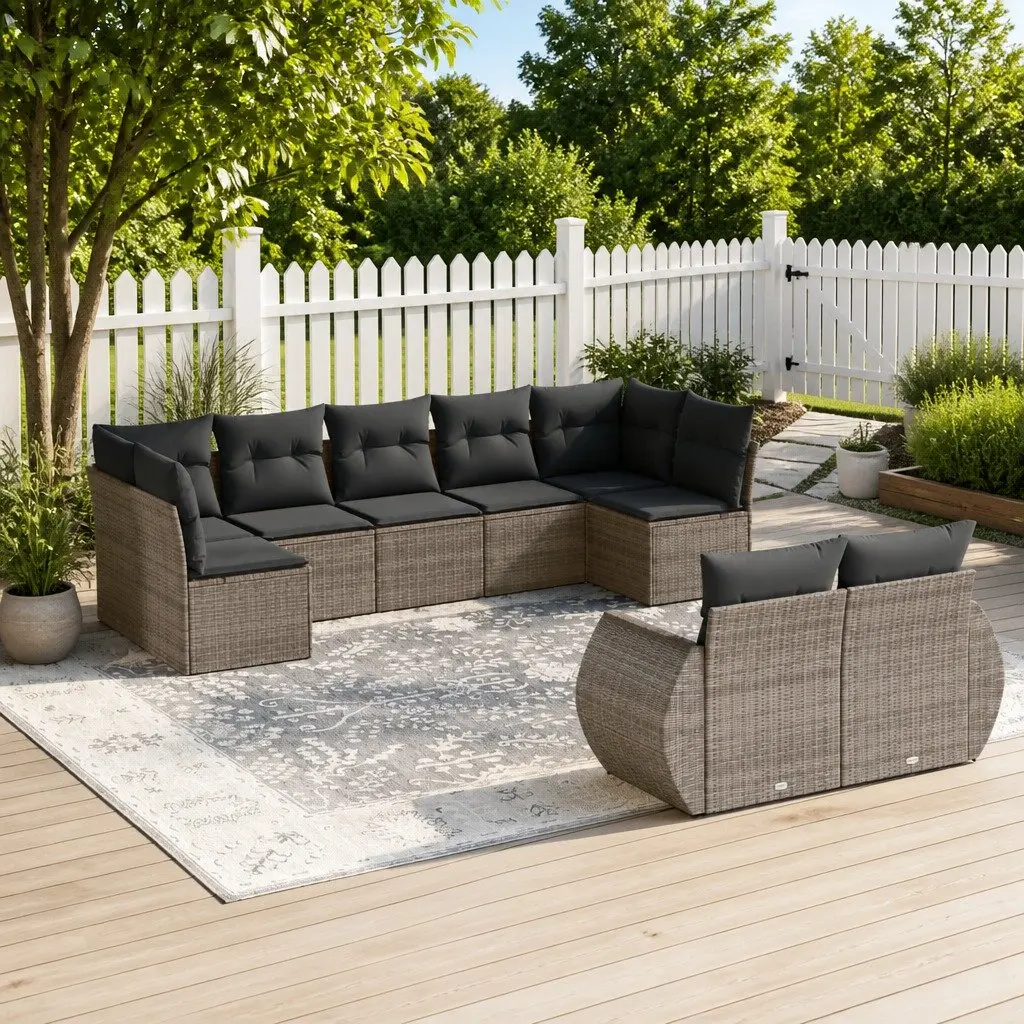 9 Piece Outdoor Sectional Sofa Set Modular Grey PE Rattan with Cushions